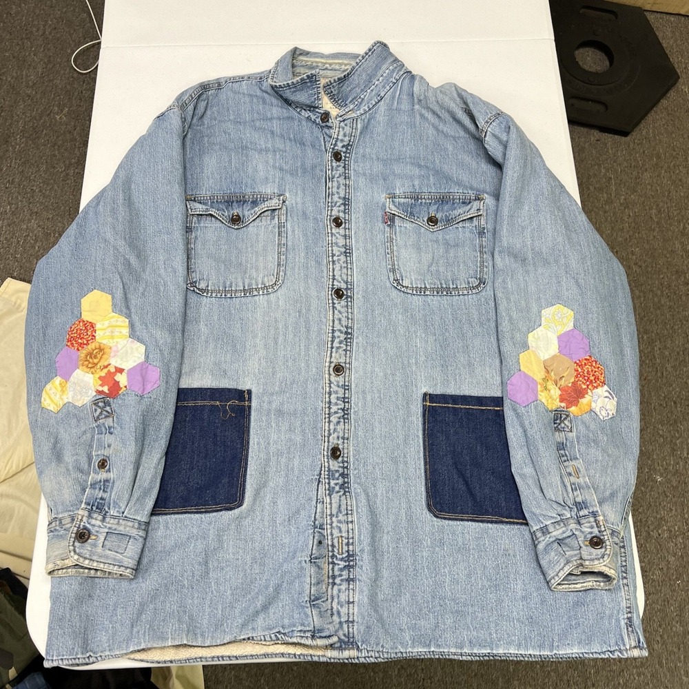 Levi Denim Shirt Jacket Mens XXXL Blue Quilt Patchwork Sherpa Lined Chore Coat